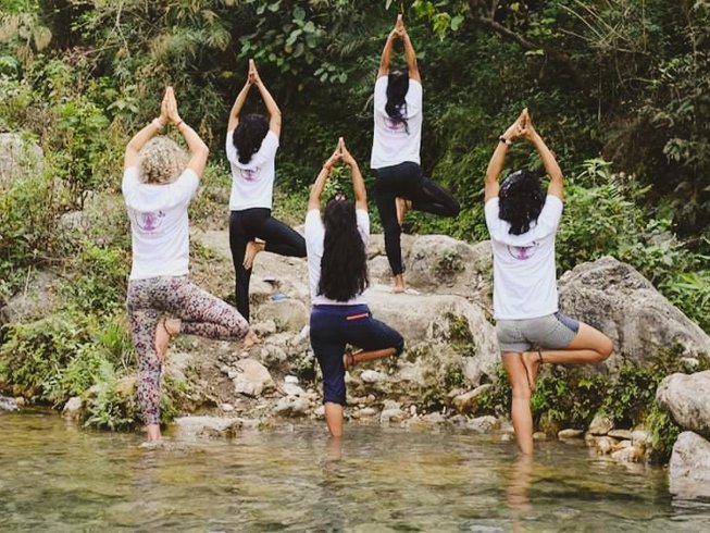 Group of women practicing Yoga poses in an charming place for yoga retreats in India